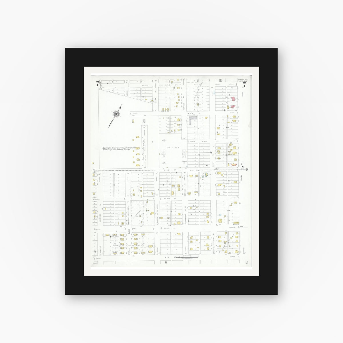 Old map wall art mockup — black gallery frame with white mat — Sanborn Fire Insurance Map from Odessa, Edger County, Texas (1939), Sheet #0007