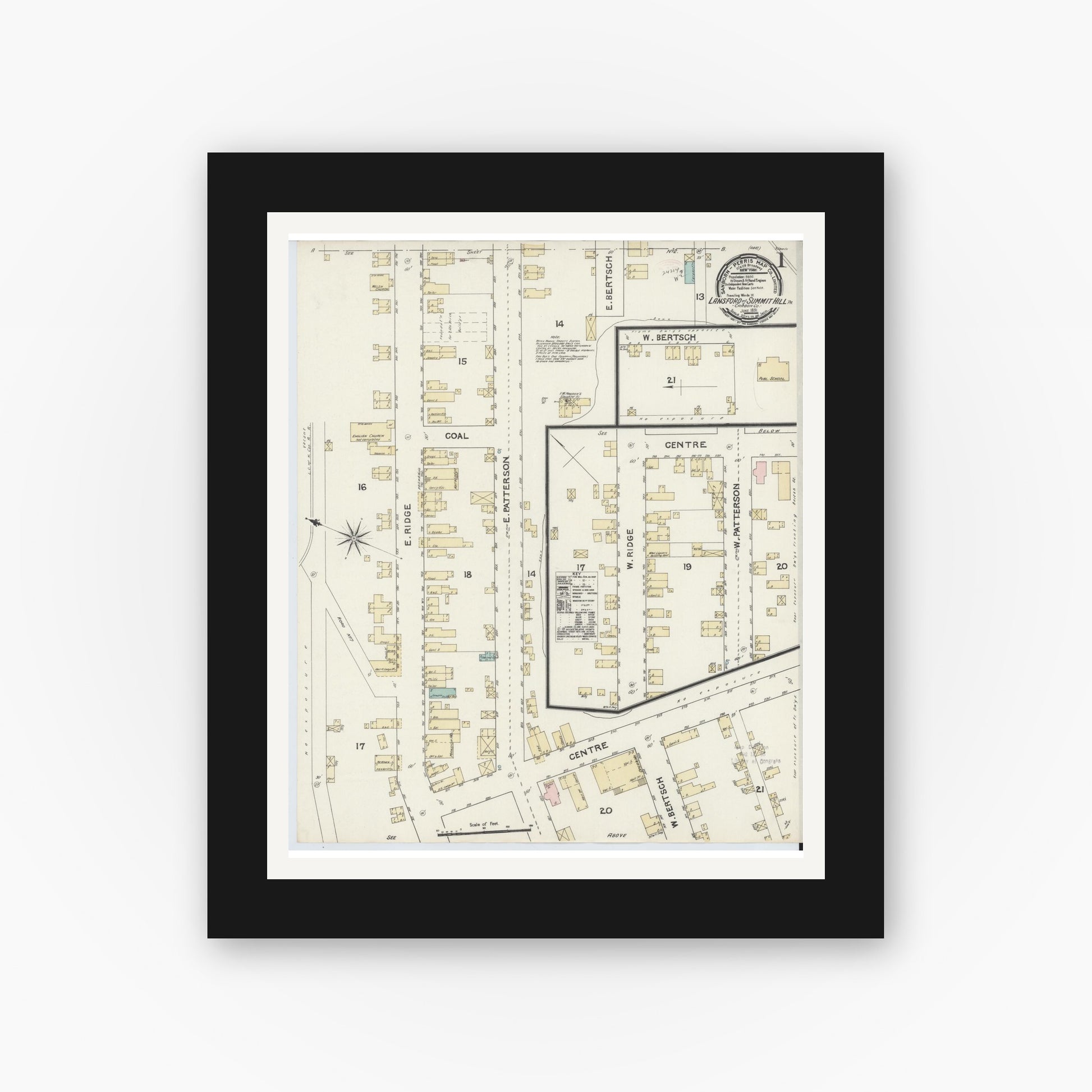 Old map wall art mockup — black gallery frame with white mat — Sanborn Fire Insurance Map from Lansford, Carbon County, Pennsylvania (1891) - Complete Map Set