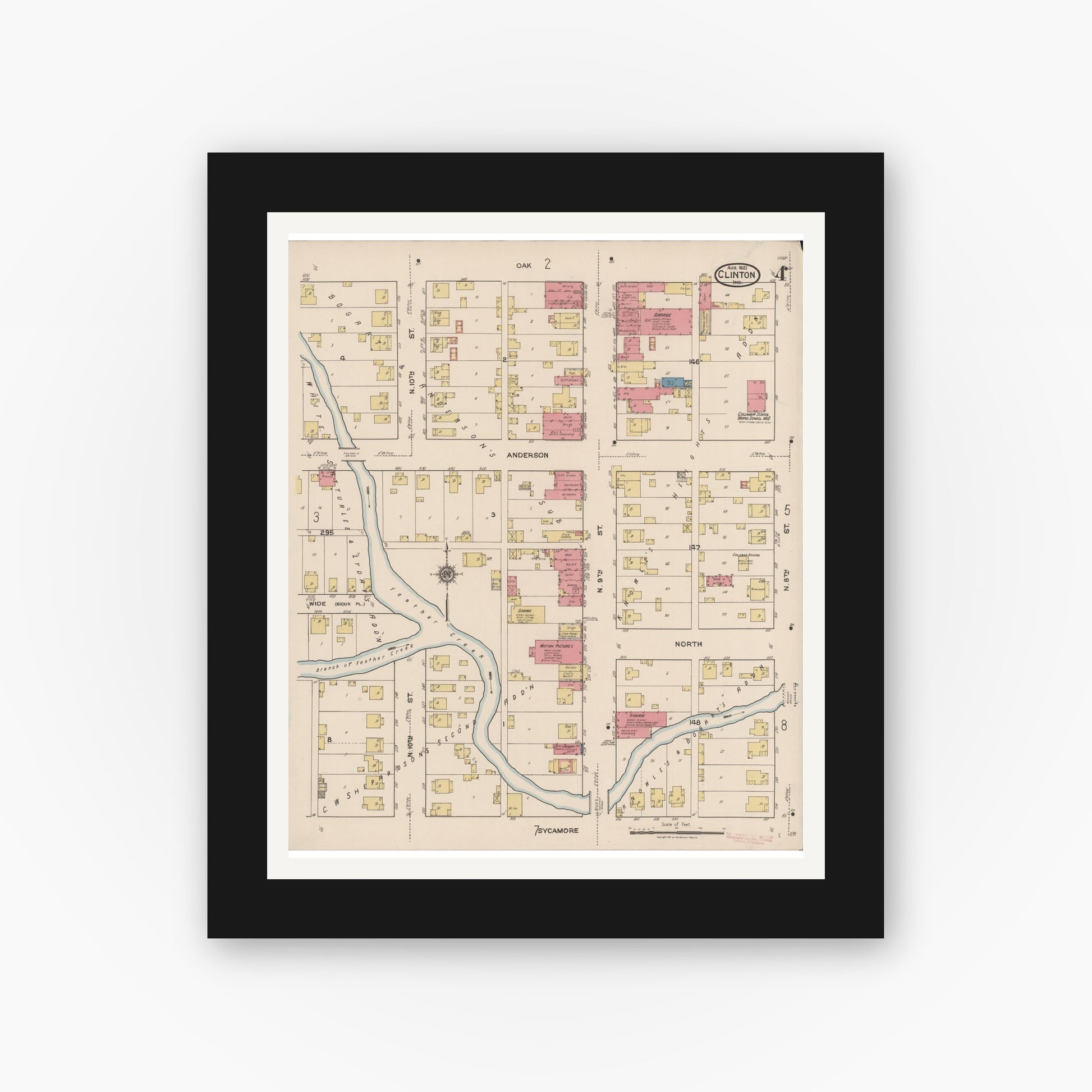 Old map wall art mockup — black gallery frame with white mat — Sanborn Fire Insurance Map from Clinton, Vermillion County, Indiana (1921), Sheet #0004