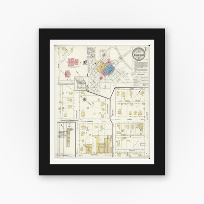 Old map wall art mockup — black gallery frame with white mat — Sanborn Fire Insurance Map from Windsor, Henry County, Missouri (1920), Sheet #0001