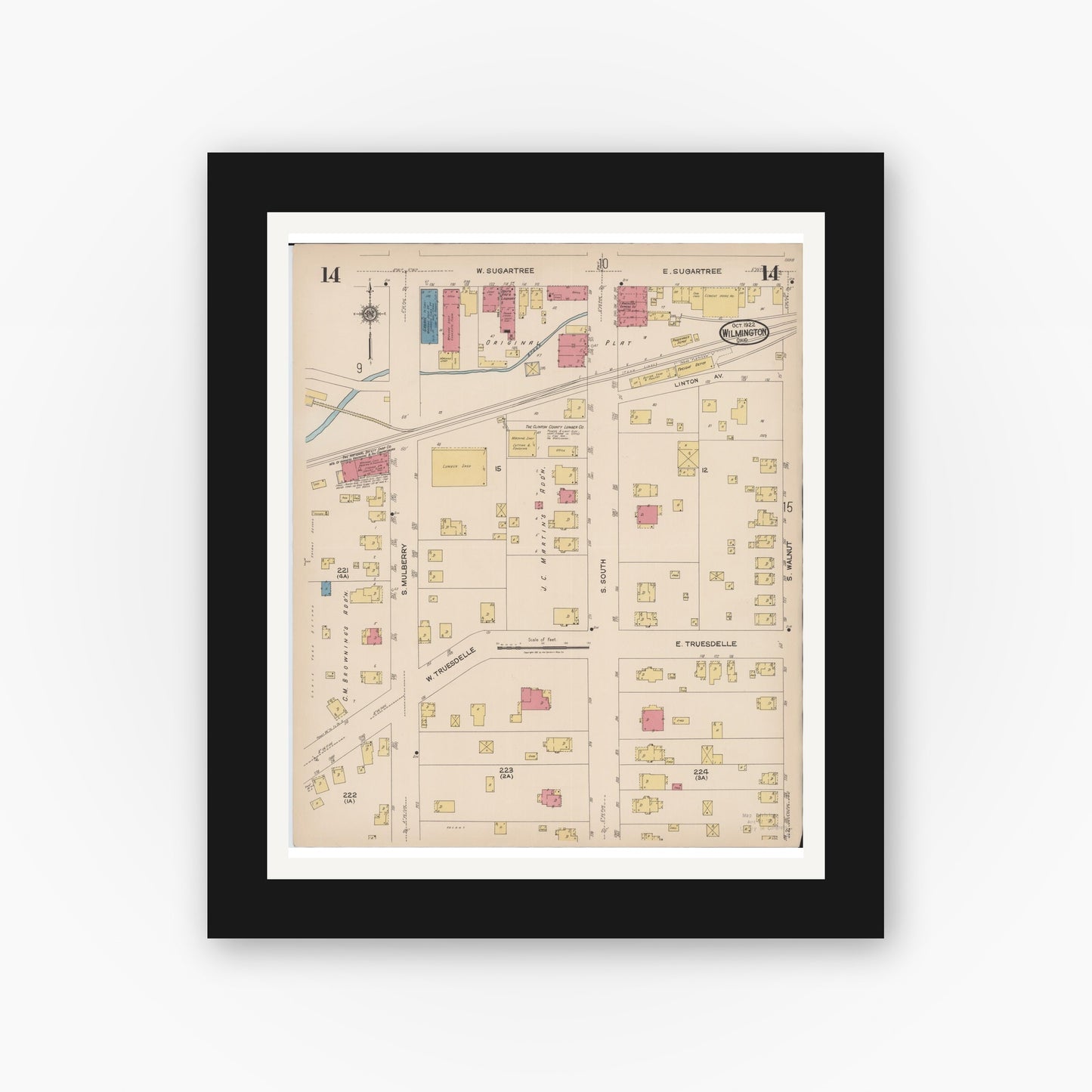 Old map wall art mockup — black gallery frame with white mat — Sanborn Fire Insurance Map from Wilmington, Clinton County, Ohio (1922), Sheet #0014