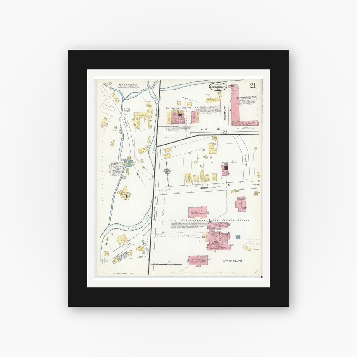 Old map wall art mockup — black gallery frame with white mat — Sanborn Fire Insurance Map from Stroudsburg, Monroe County, Pennsylvania (1912), Sheet #0021