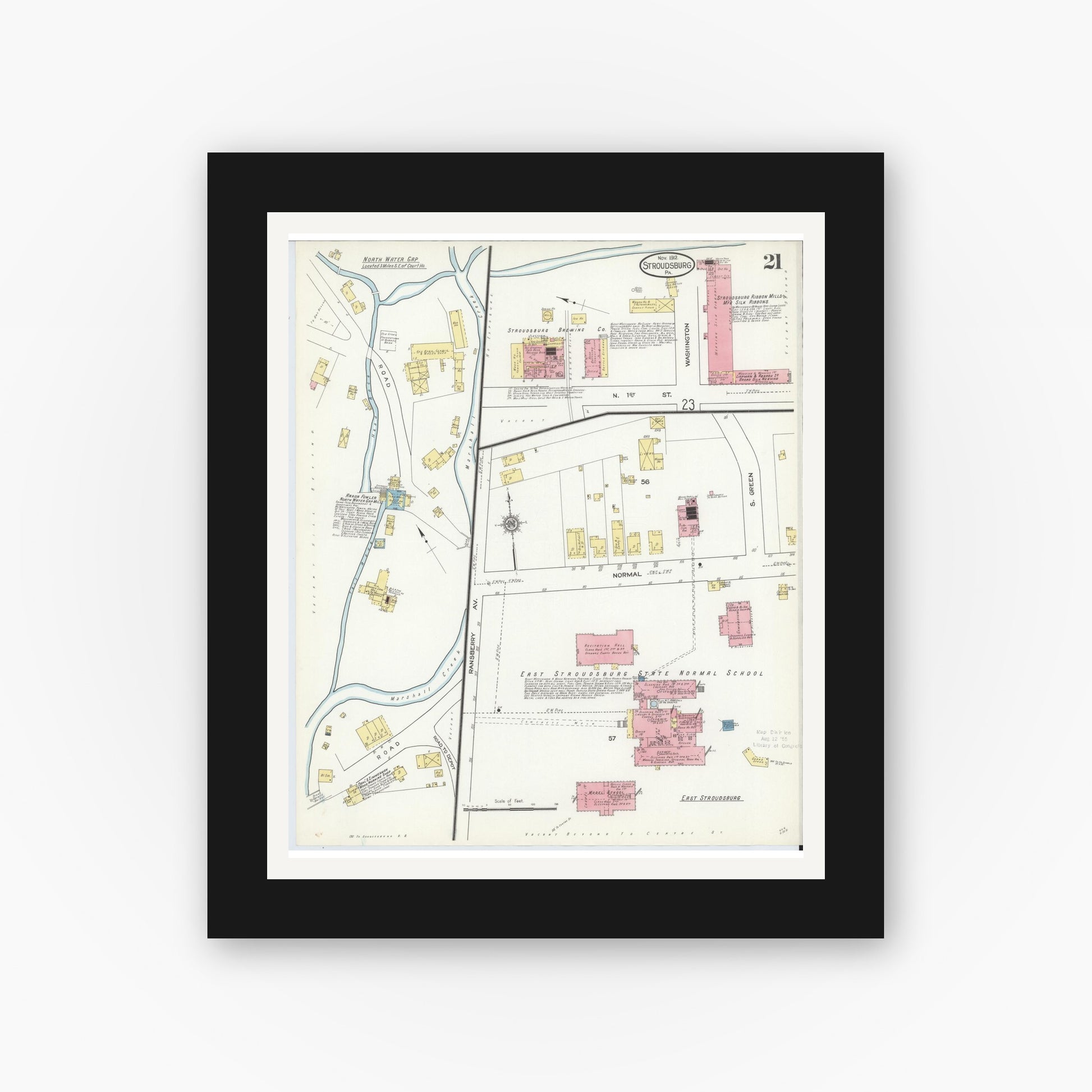 Old map wall art mockup — black gallery frame with white mat — Sanborn Fire Insurance Map from Stroudsburg, Monroe County, Pennsylvania (1912), Sheet #0021