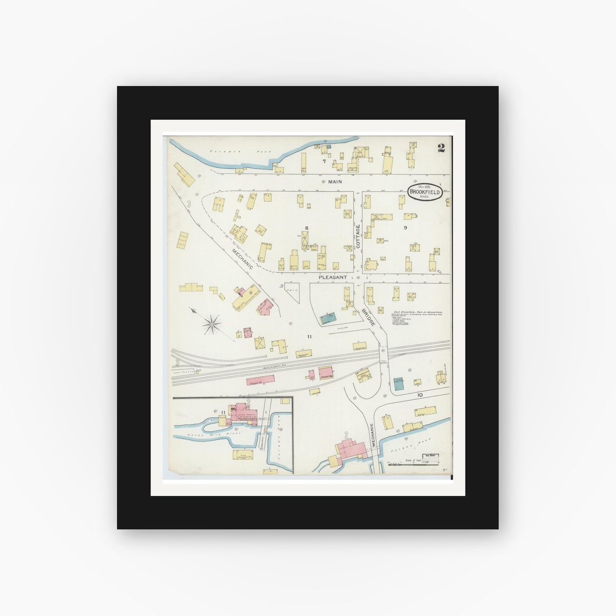 Old map wall art mockup — black gallery frame with white mat — Sanborn Fire Insurance Map from Brookfield, Worcester County, Massachusetts (1893), Sheet #0002