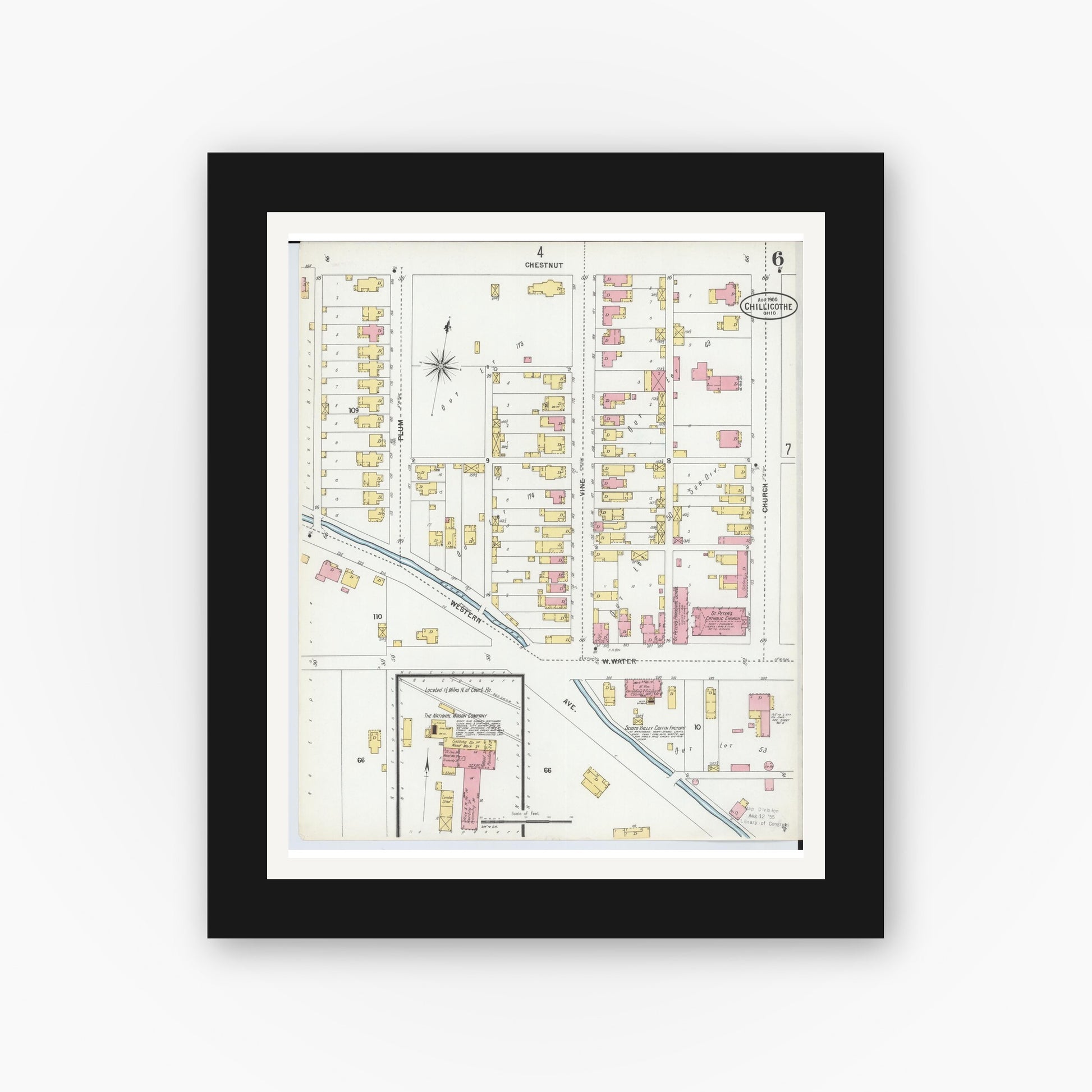 Old map wall art mockup — black gallery frame with white mat — Sanborn Fire Insurance Map from Chillicothe, Ross County, Ohio (1900), Sheet #0006