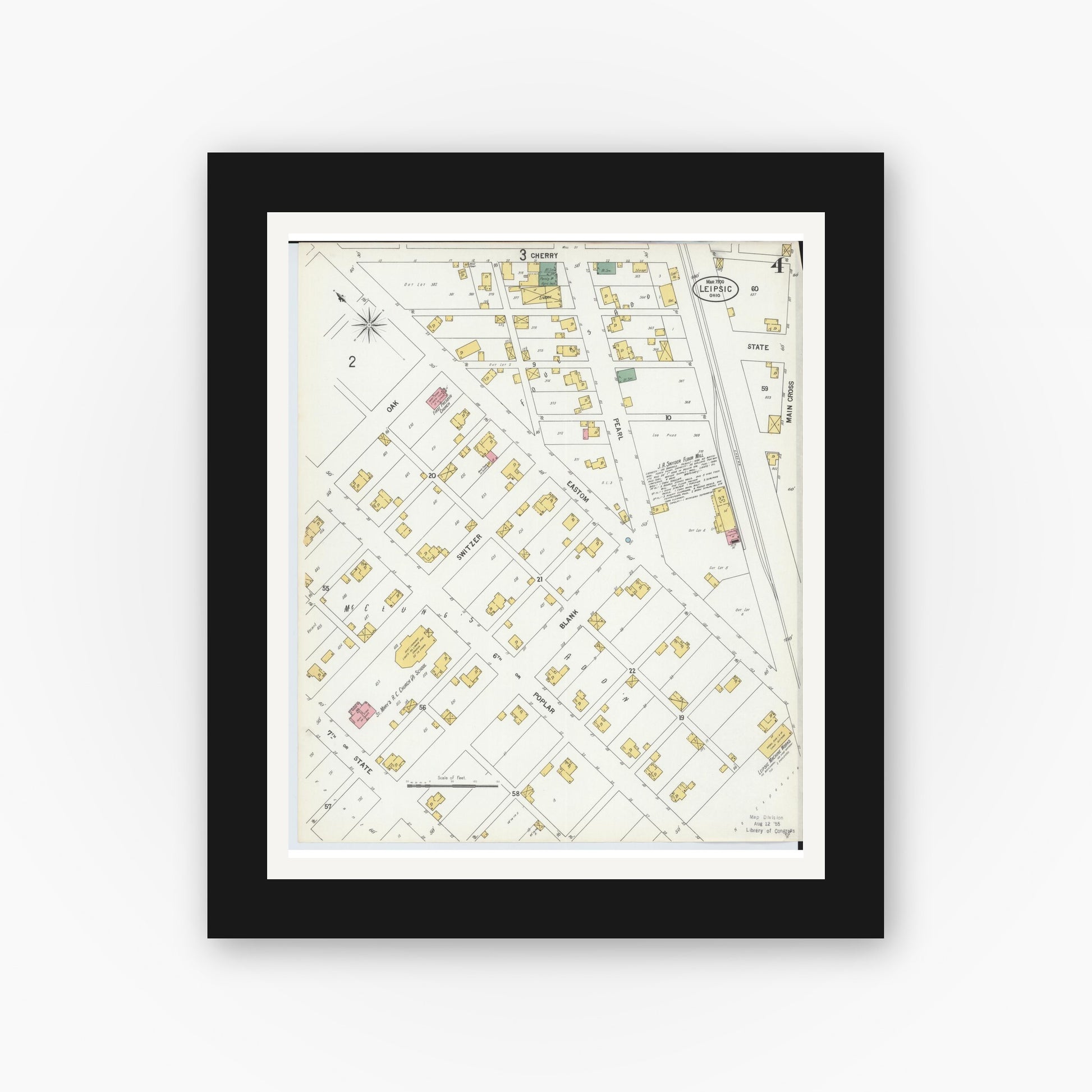 Old map wall art mockup — black gallery frame with white mat — Sanborn Fire Insurance Map from Leipsic, Putnam County, Ohio (1900), Sheet #0004