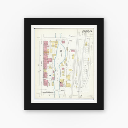 Old map wall art mockup — black gallery frame with white mat — Sanborn Fire Insurance Map from Cuyahoga Falls, Summit County, Ohio (1916), Sheet #0005