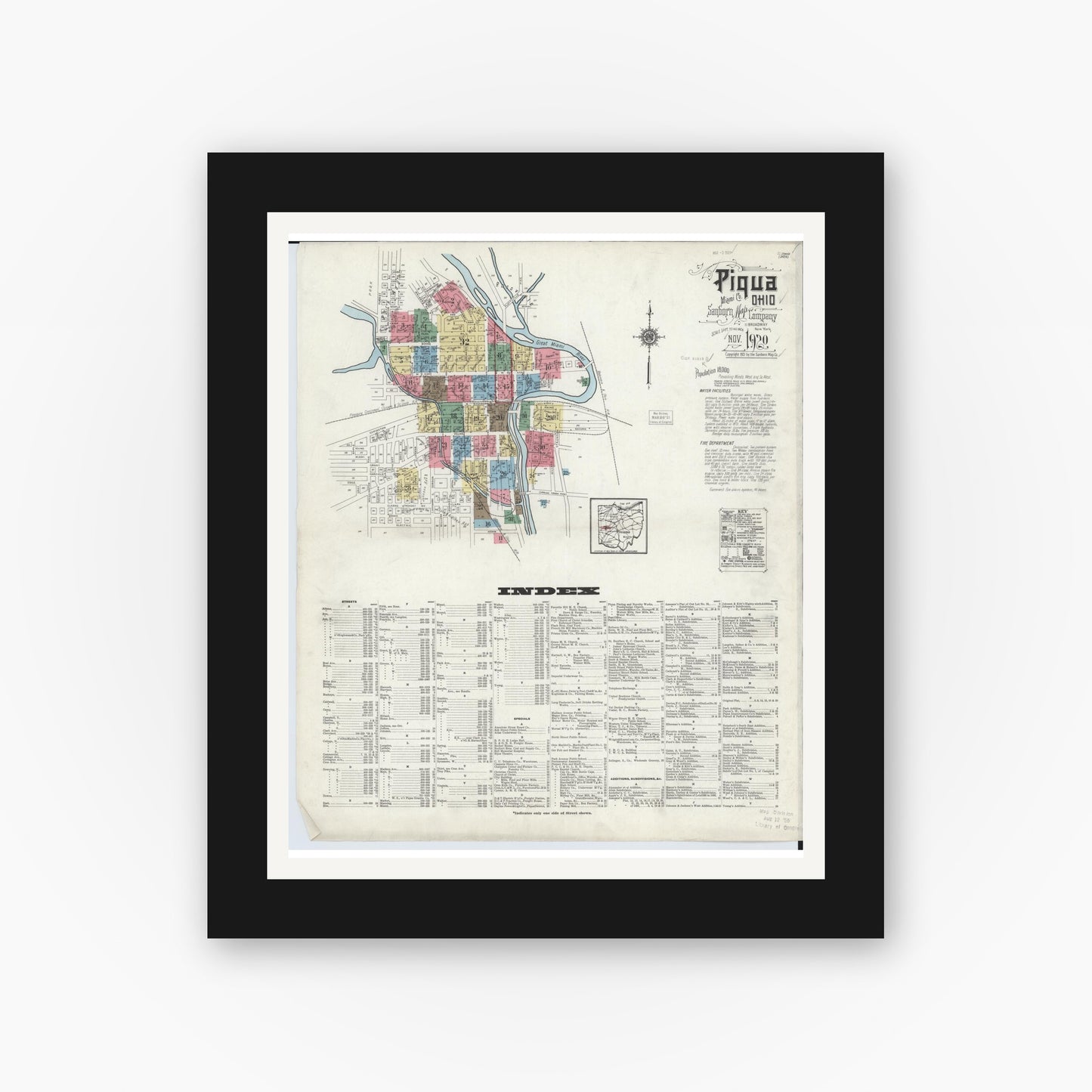 Old map wall art mockup — black gallery frame with white mat — Sanborn Fire Insurance Map from Piqua, Miami County, Ohio (1920) - Complete Map Set