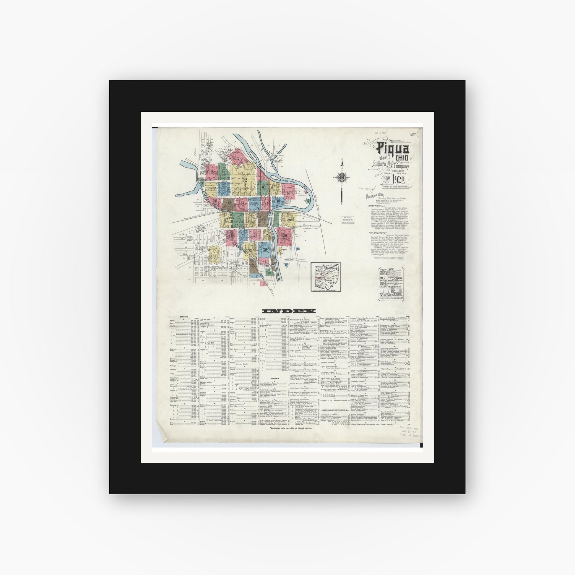 Old map wall art mockup — black gallery frame with white mat — Sanborn Fire Insurance Map from Piqua, Miami County, Ohio (1920) - Complete Map Set