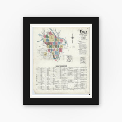 Old map wall art mockup — black gallery frame with white mat — Sanborn Fire Insurance Map from Piqua, Miami County, Ohio (1920) - Complete Map Set