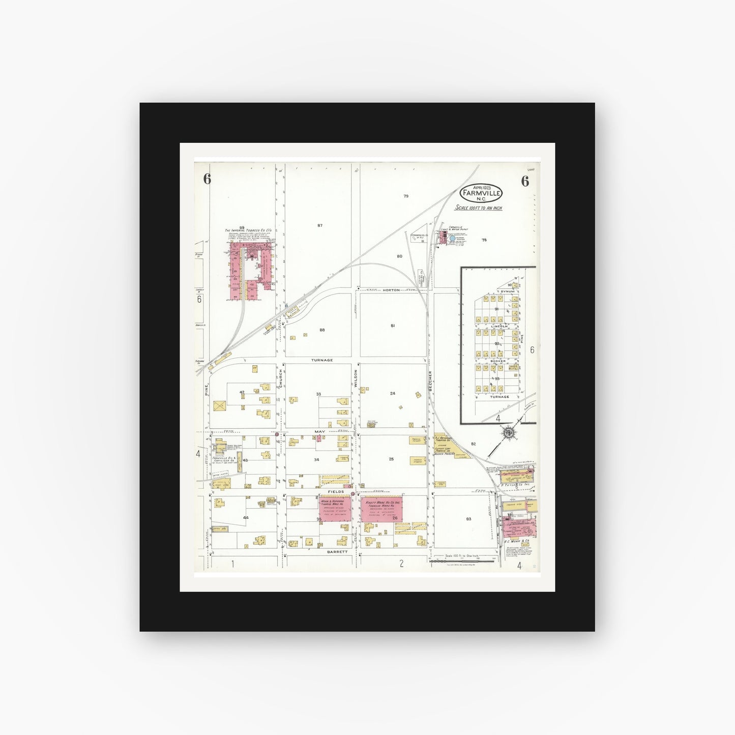 Old map wall art mockup — black gallery frame with white mat — Sanborn Fire Insurance Map from Farmville, Pitt County, North Carolina (1923), Sheet #0006