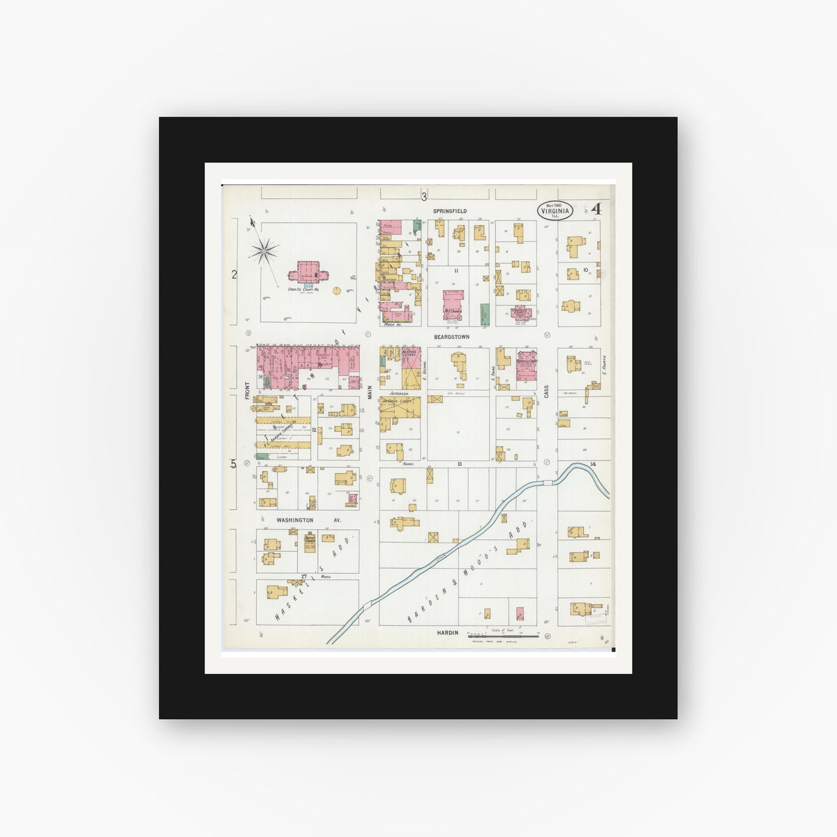 Old map wall art mockup — black gallery frame with white mat — Sanborn Fire Insurance Map from Virginia, Cass County, Illinois (1900), Sheet #0004