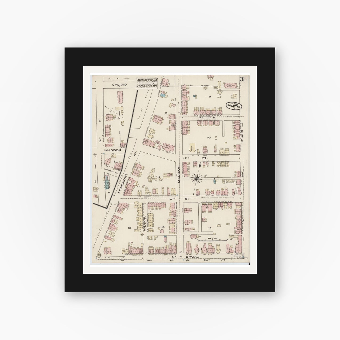Old map wall art mockup — black gallery frame with white mat — Sanborn Fire Insurance Map from Chester, Delaware County, Pennsylvania (1885), Sheet #0003