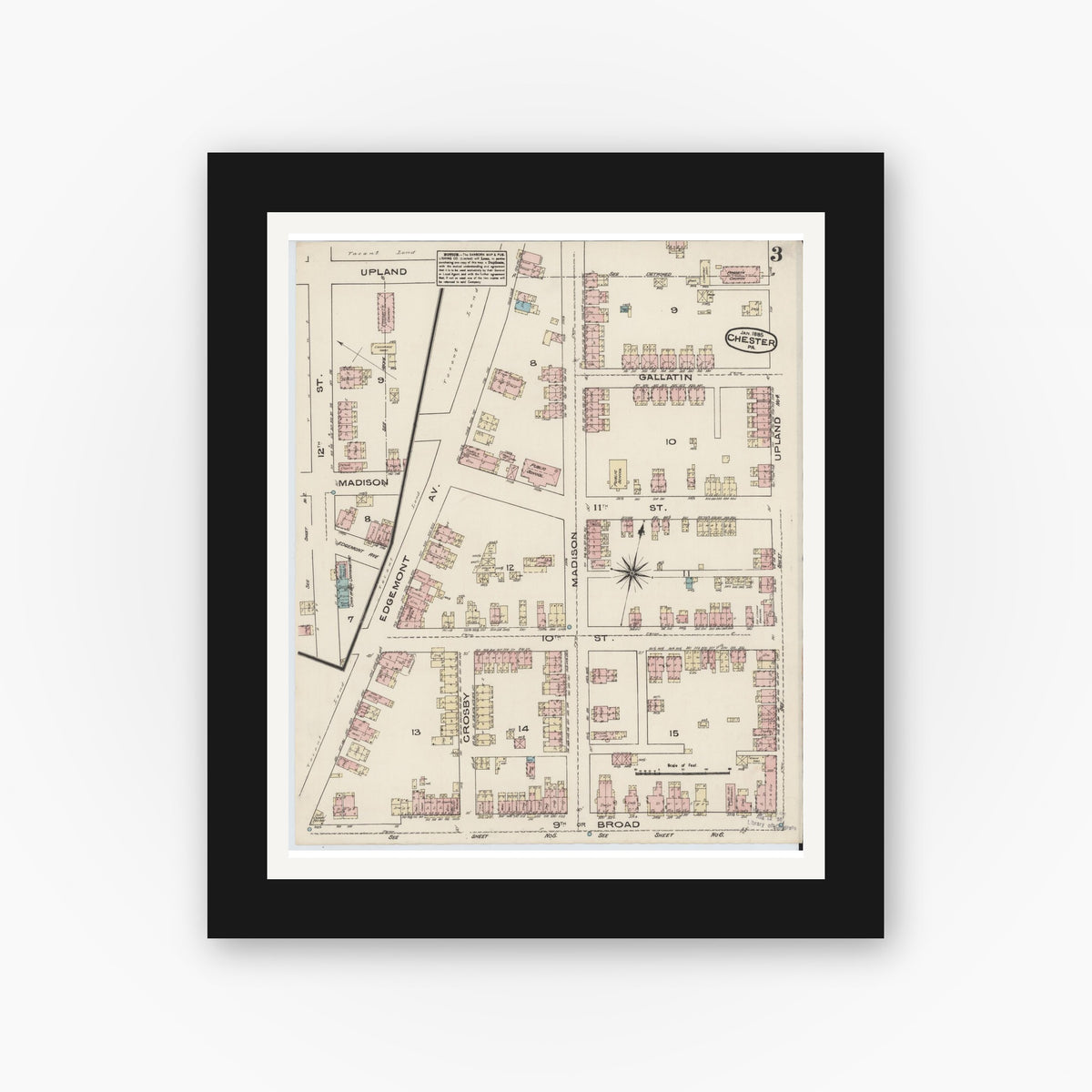 Old map wall art mockup — black gallery frame with white mat — Sanborn Fire Insurance Map from Chester, Delaware County, Pennsylvania (1885), Sheet #0003