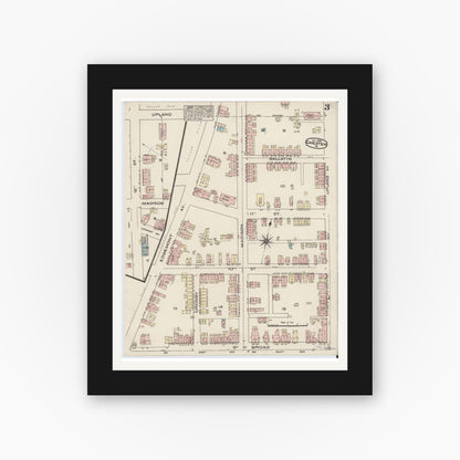 Old map wall art mockup — black gallery frame with white mat — Sanborn Fire Insurance Map from Chester, Delaware County, Pennsylvania (1885), Sheet #0003