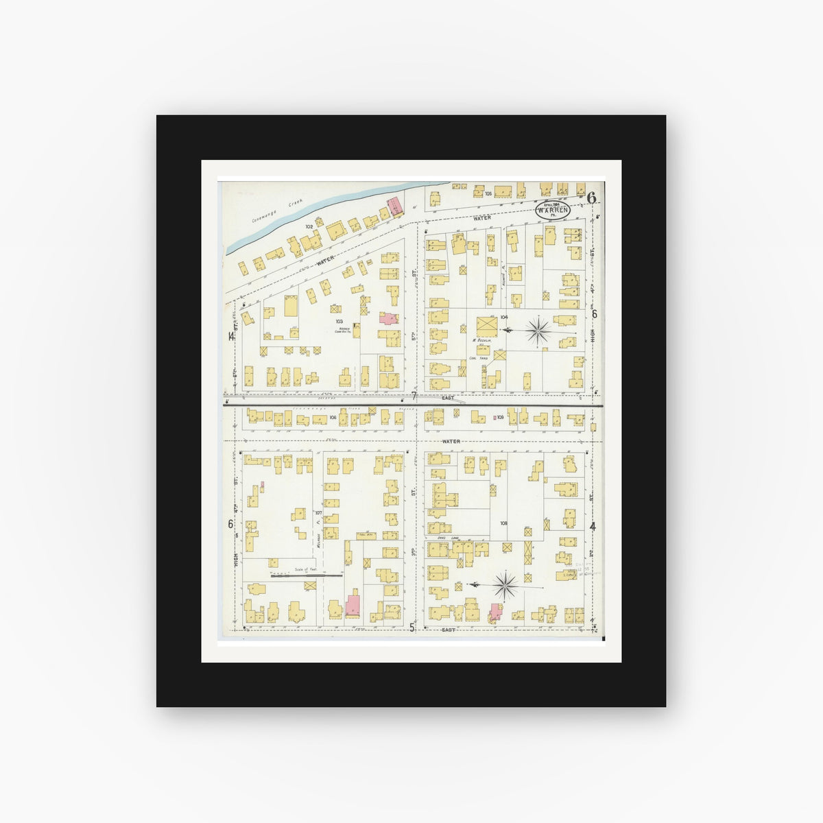 Old map wall art mockup — black gallery frame with white mat — Sanborn Fire Insurance Map from Warren, Warren County, Pennsylvania (1904), Sheet #0006