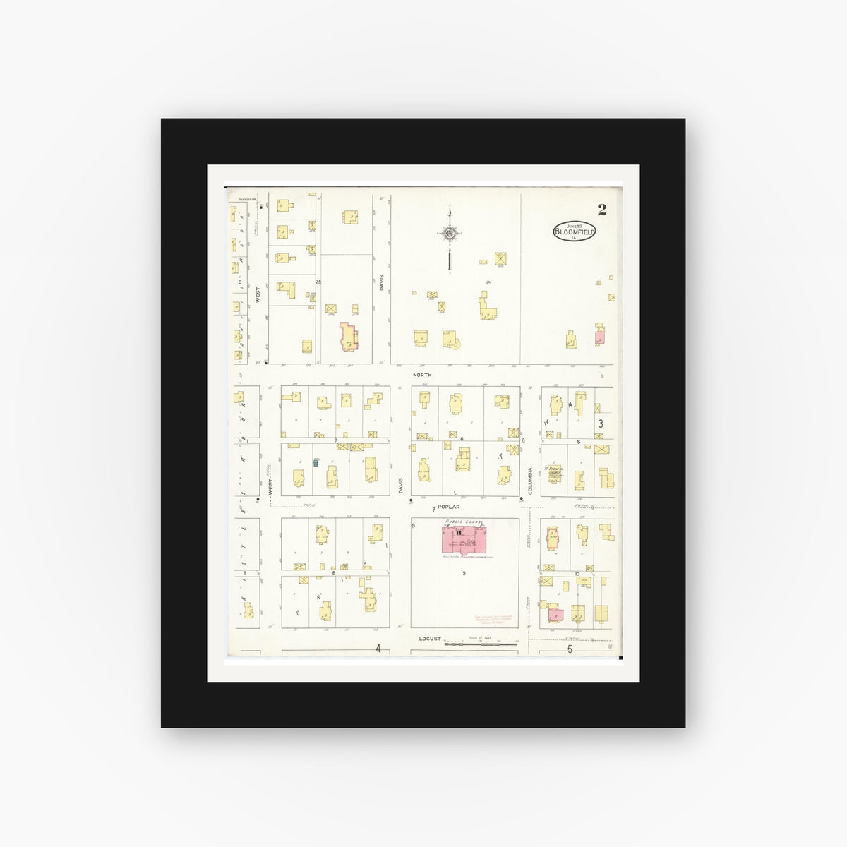 Old map wall art mockup — black gallery frame with white mat — Sanborn Fire Insurance Map from Bloomfield, Davis County, Iowa (1913), Sheet #0002