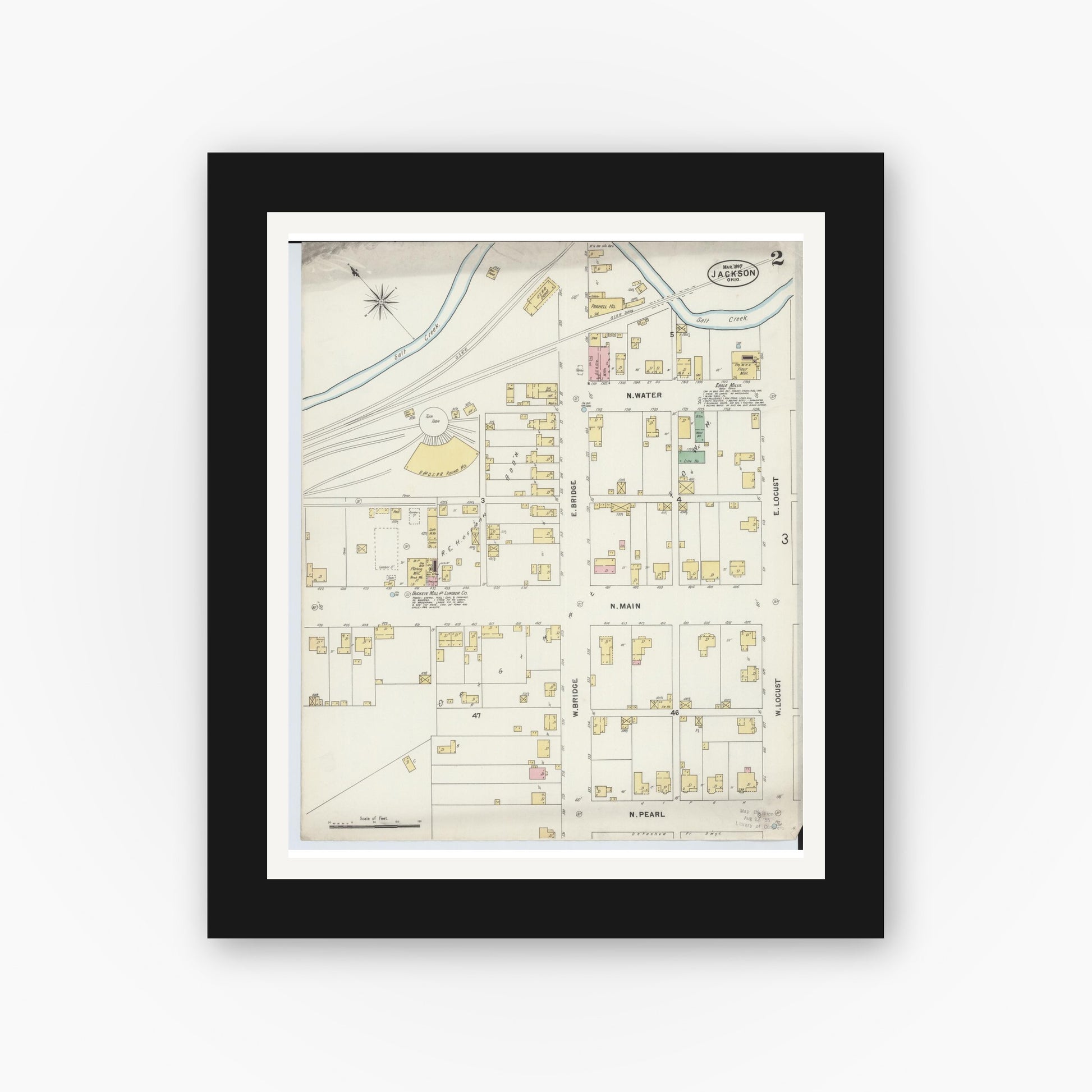 Old map wall art mockup — black gallery frame with white mat — Sanborn Fire Insurance Map from Jackson, Jackson County, Ohio (1897), Sheet #0002