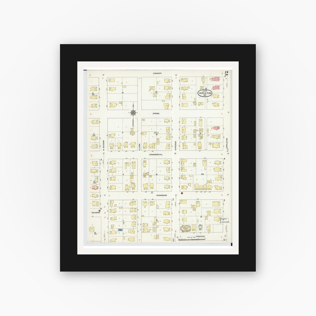 Old map wall art mockup — black gallery frame with white mat — Sanborn Fire Insurance Map from Appleton, Outagamie County, Wisconsin (1911), Sheet #0002