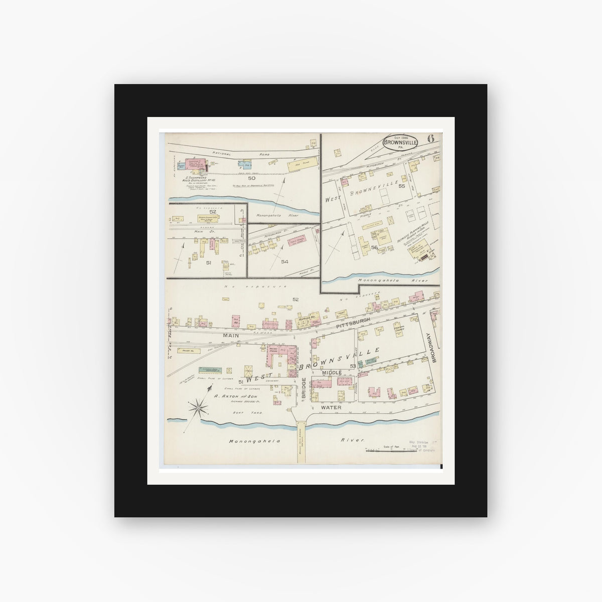Old map wall art mockup — black gallery frame with white mat — Sanborn Fire Insurance Map from Brownsville, Fayette County, Pennsylvania (1886), Sheet #0006
