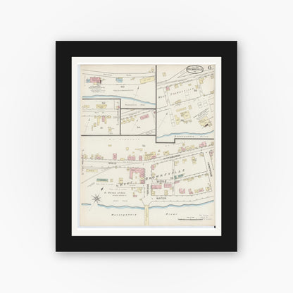 Old map wall art mockup — black gallery frame with white mat — Sanborn Fire Insurance Map from Brownsville, Fayette County, Pennsylvania (1886), Sheet #0006