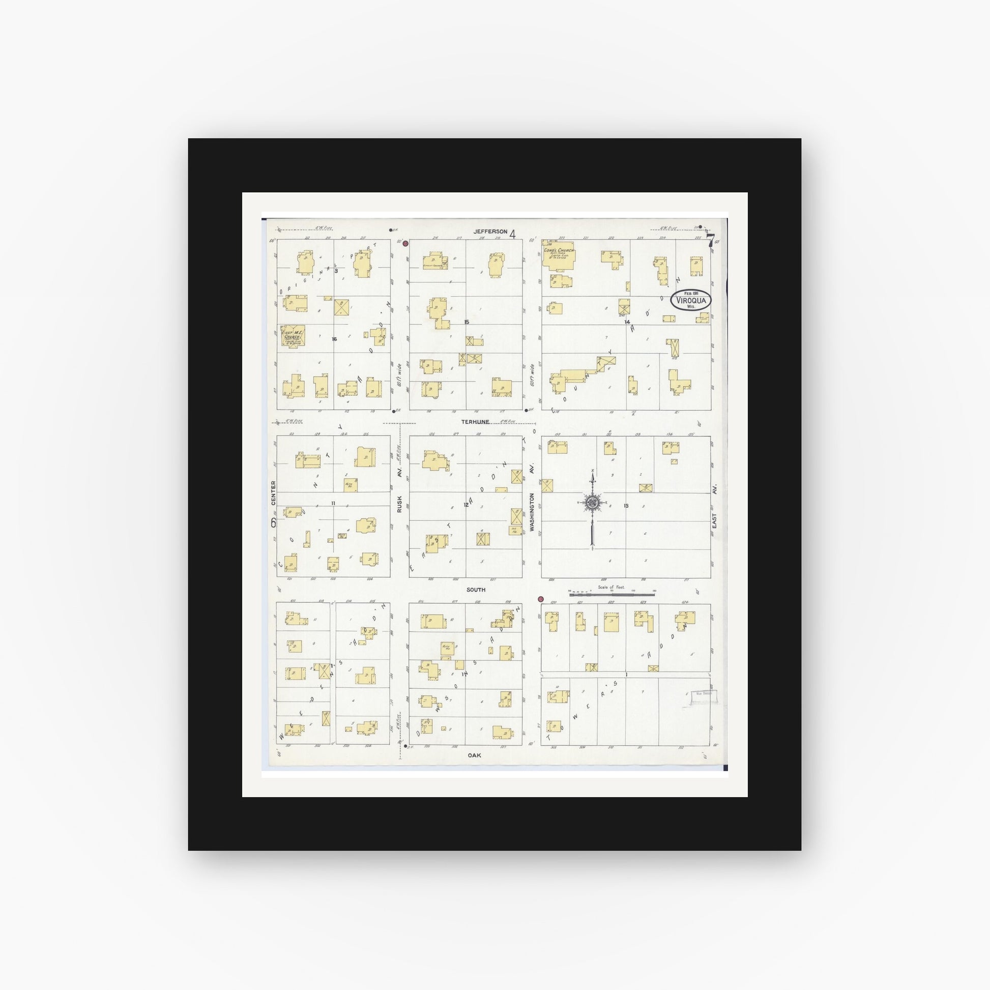 Old map wall art mockup — black gallery frame with white mat — Sanborn Fire Insurance Map from Viroqua, Vernon County, Wisconsin (1911), Sheet #0007