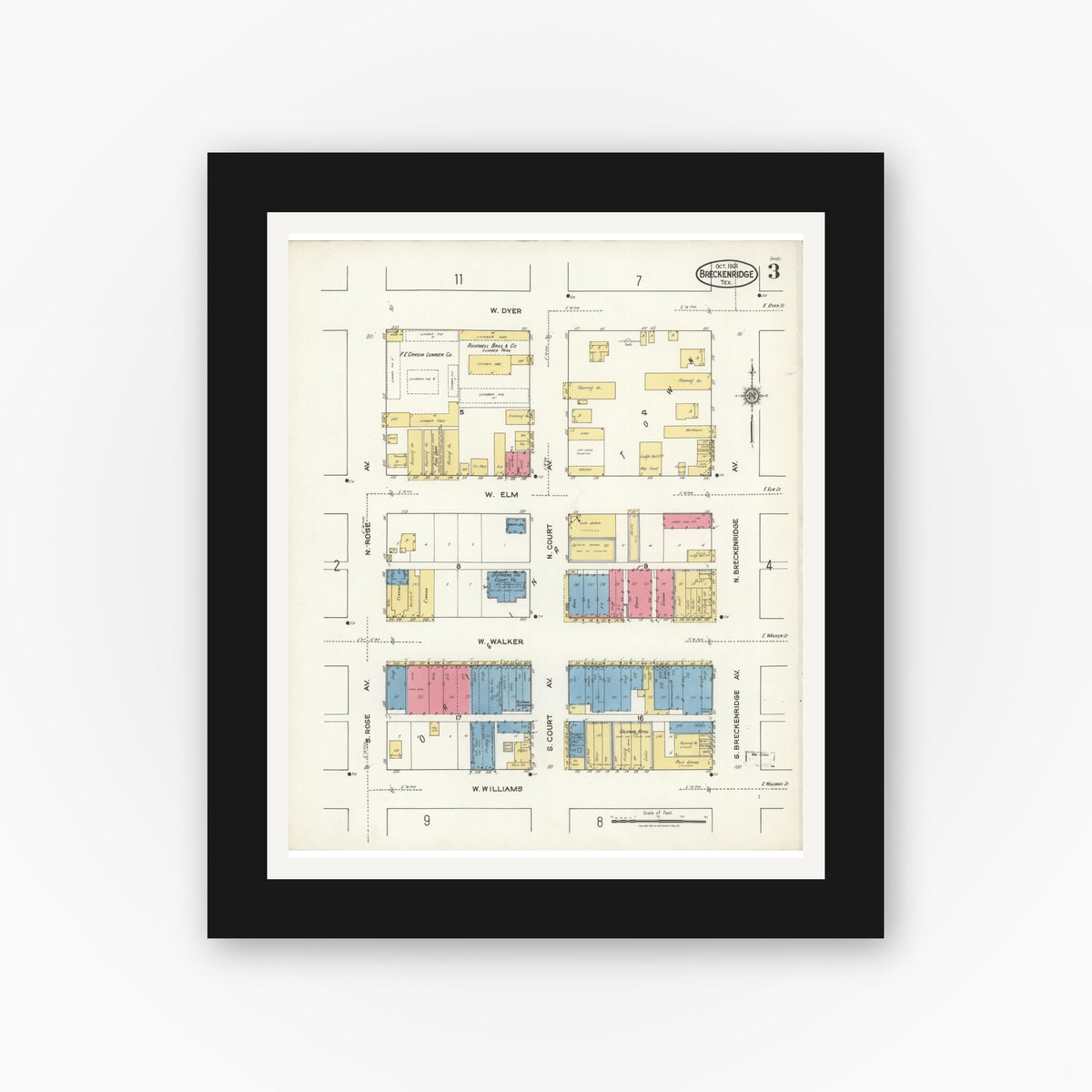 Old map wall art mockup — black gallery frame with white mat — Sanborn Fire Insurance Map from Breckenridge, Stephens County, Texas (1921), Sheet #0003