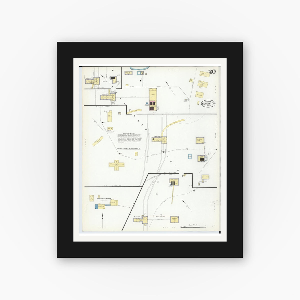 Old map wall art mockup — black gallery frame with white mat — Sanborn Fire Insurance Map from Houghton, Houghton County, Michigan (1908), Sheet #0020