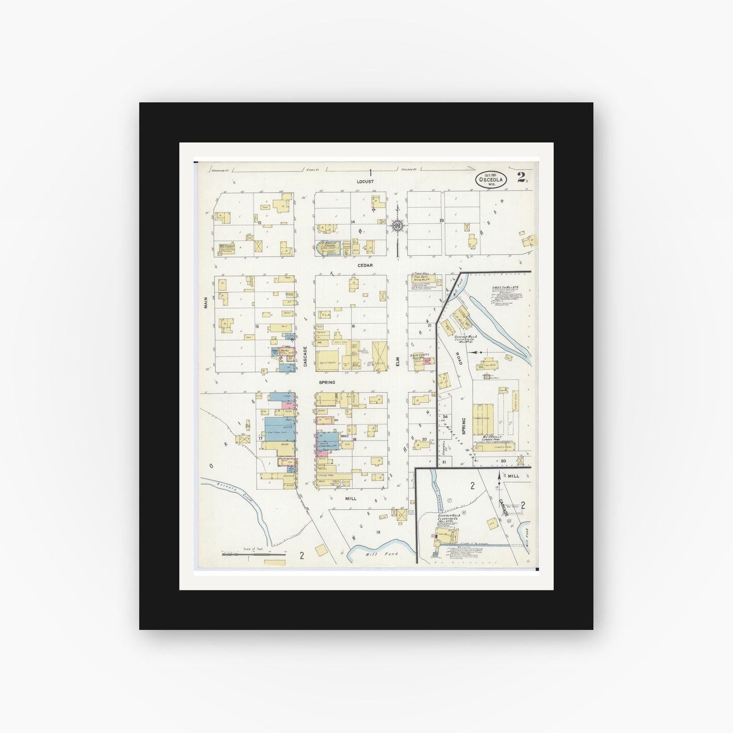 Old map wall art mockup — black gallery frame with white mat — Sanborn Fire Insurance Map from Osceola, Polk County, Wisconsin (1911), Sheet #0002
