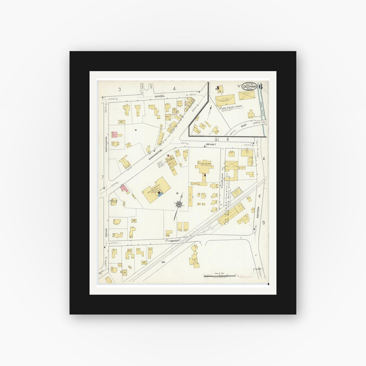 Old map wall art mockup — black gallery frame with white mat — Sanborn Fire Insurance Map from Dedham, Norfolk County, Massachusetts (1917), Sheet #0006
