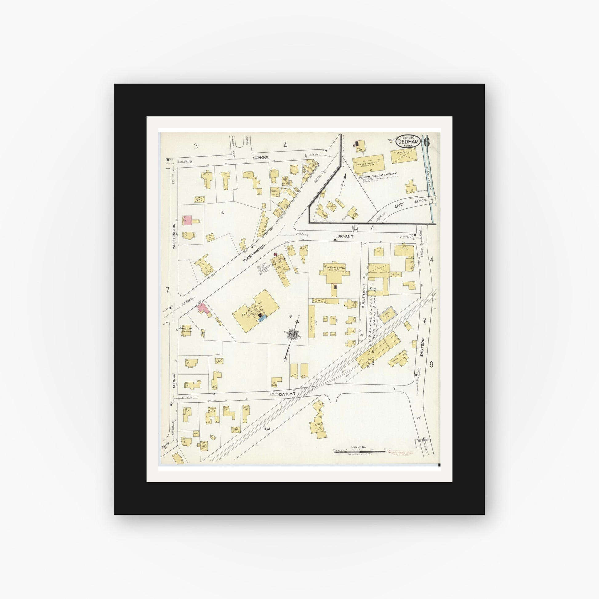 Old map wall art mockup — black gallery frame with white mat — Sanborn Fire Insurance Map from Dedham, Norfolk County, Massachusetts (1917), Sheet #0006