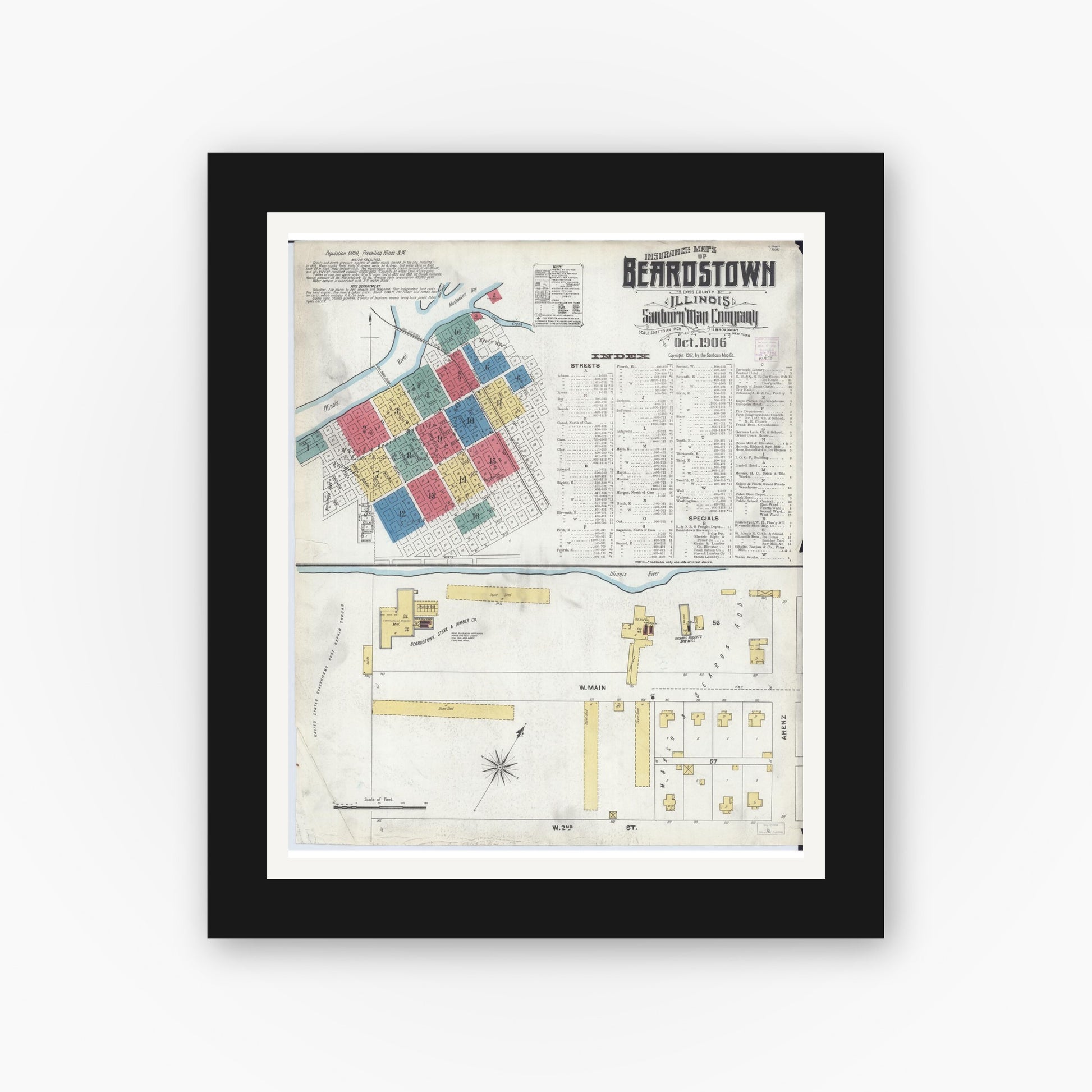 Old map wall art mockup — black gallery frame with white mat — Sanborn Fire Insurance Map from Beardstown, Cass County, Illinois (1906) - Complete Map Set