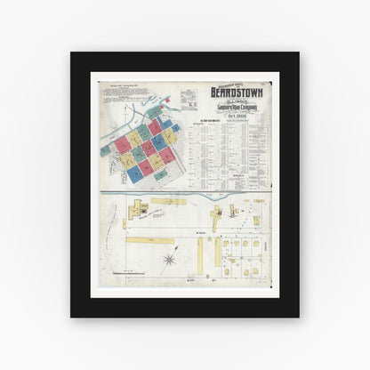 Old map wall art mockup — black gallery frame with white mat — Sanborn Fire Insurance Map from Beardstown, Cass County, Illinois (1906) - Complete Map Set