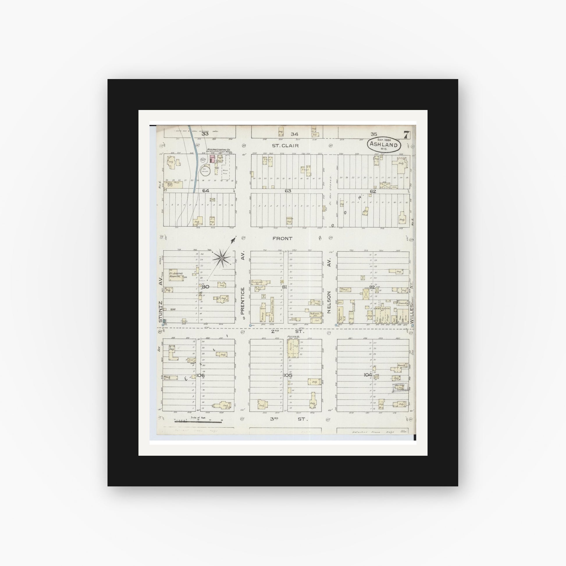 Old map wall art mockup — black gallery frame with white mat — Sanborn Fire Insurance Map from Ashland, Ashland County, Wisconsin (1886), Sheet #0007