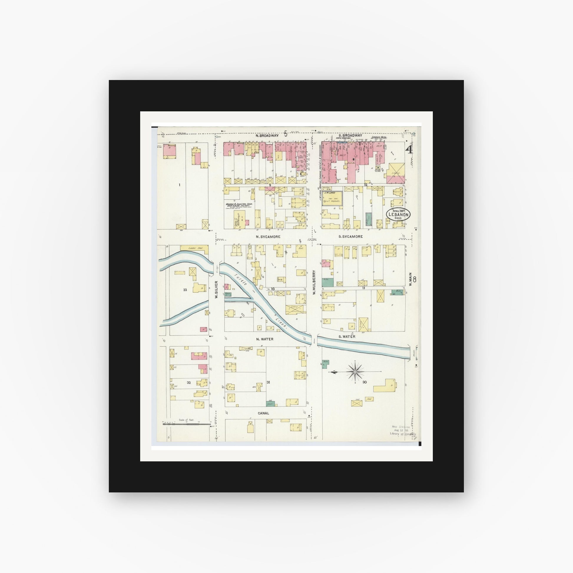 Old map wall art mockup — black gallery frame with white mat — Sanborn Fire Insurance Map from Lebanon, Warren County, Ohio (1907), Sheet #0004