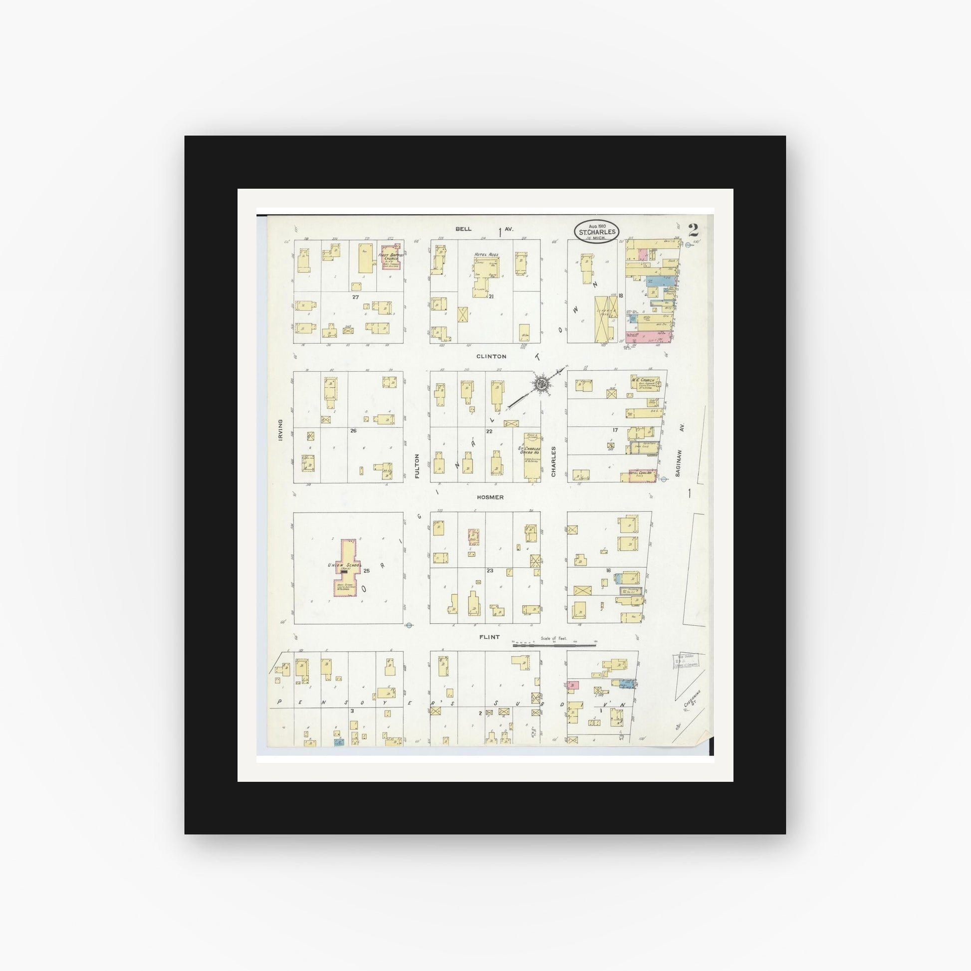 Old map wall art mockup — black gallery frame with white mat — Sanborn Fire Insurance Map from Saint Charles, Saginaw County, Michigan (1910), Sheet #0002
