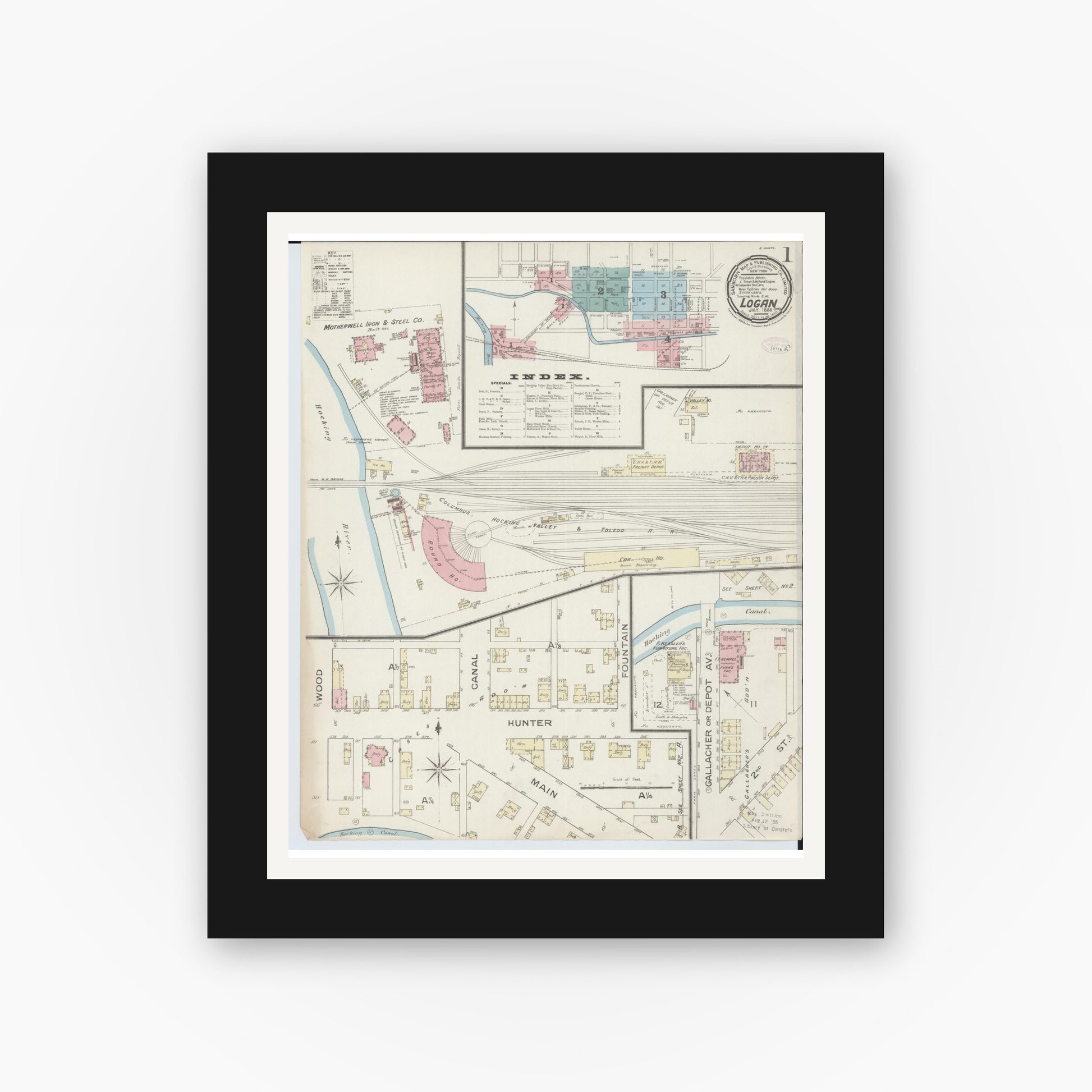 Old map wall art mockup — black gallery frame with white mat — Sanborn Fire Insurance Map from Logan, Hocking County, Ohio (1886), Sheet #0001