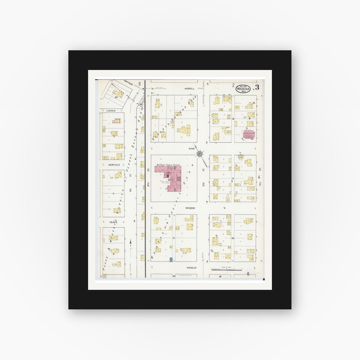 Old map wall art mockup — black gallery frame with white mat — Sanborn Fire Insurance Map from Wadena, Wadena County, Minnesota (1916), Sheet #0003