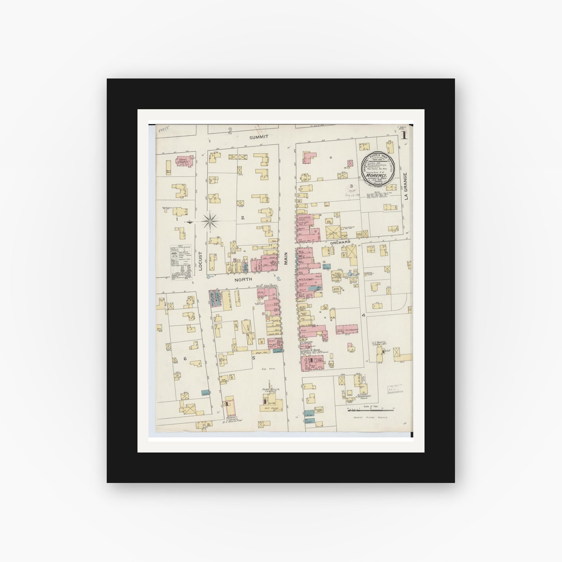 Old map wall art mockup — black gallery frame with white mat — Sanborn Fire Insurance Map from Morenci, Lenawee County, Michigan (1893) - Complete Map Set