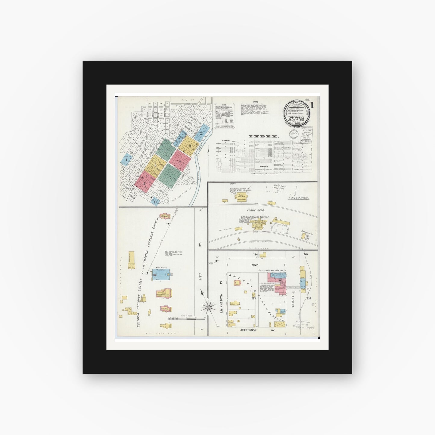Old map wall art mockup — black gallery frame with white mat — Sanborn Fire Insurance Map from Saint Peter, Nicollet County, Minnesota (1900) - Complete Map Set