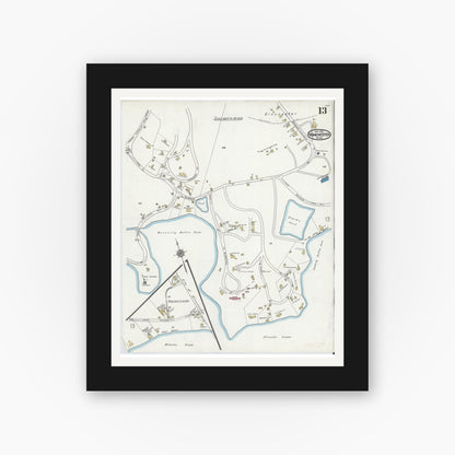 Old map wall art mockup — black gallery frame with white mat — Sanborn Fire Insurance Map from Manchester, Essex County, Massachusetts (1921), Sheet #0013