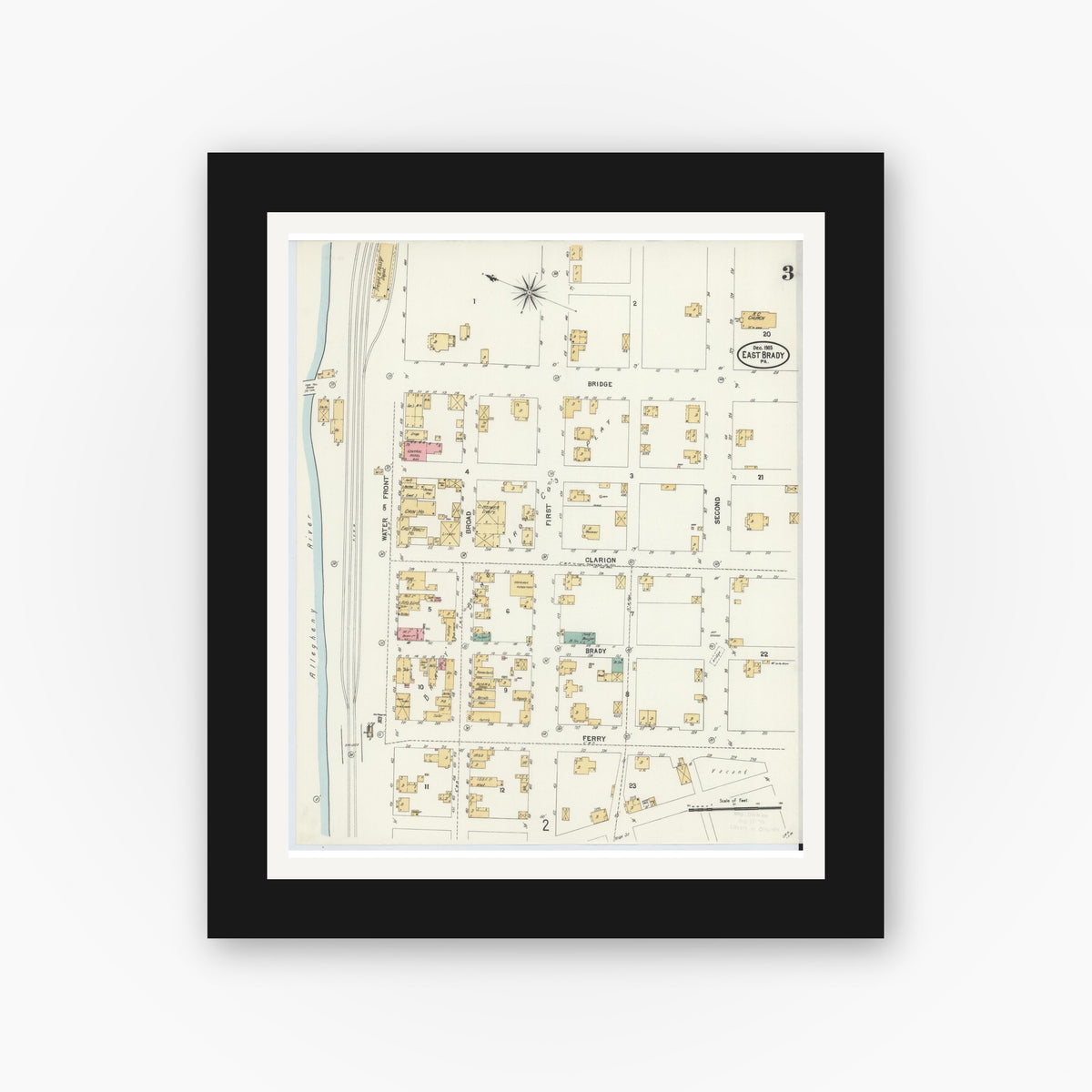 Old map wall art mockup — black gallery frame with white mat — Sanborn Fire Insurance Map from East Brady, Clarion County, Pennsylvania (1903), Sheet #0003