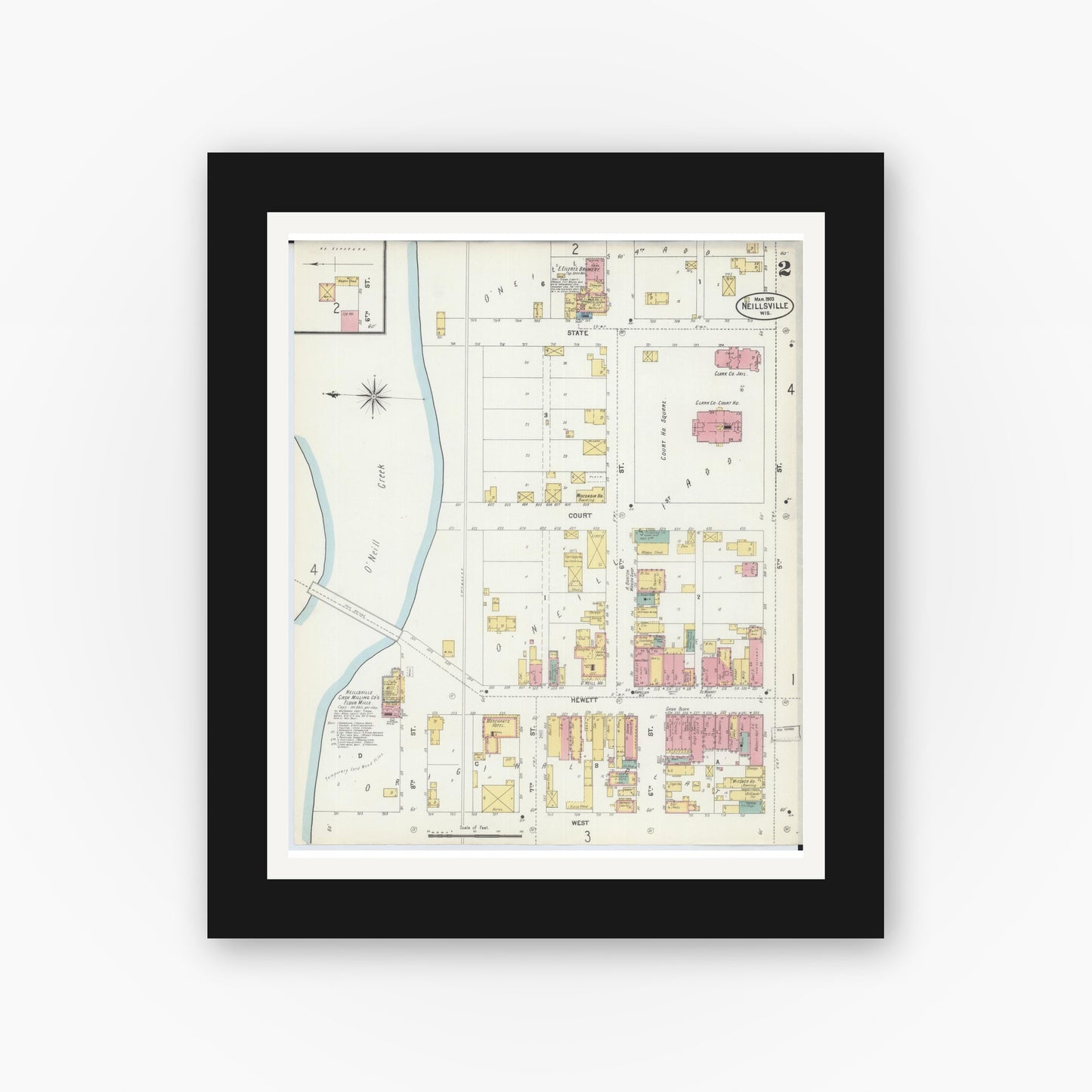 Old map wall art mockup — black gallery frame with white mat — Sanborn Fire Insurance Map from Neillsville, Clark County, Wisconsin (1903), Sheet #0002