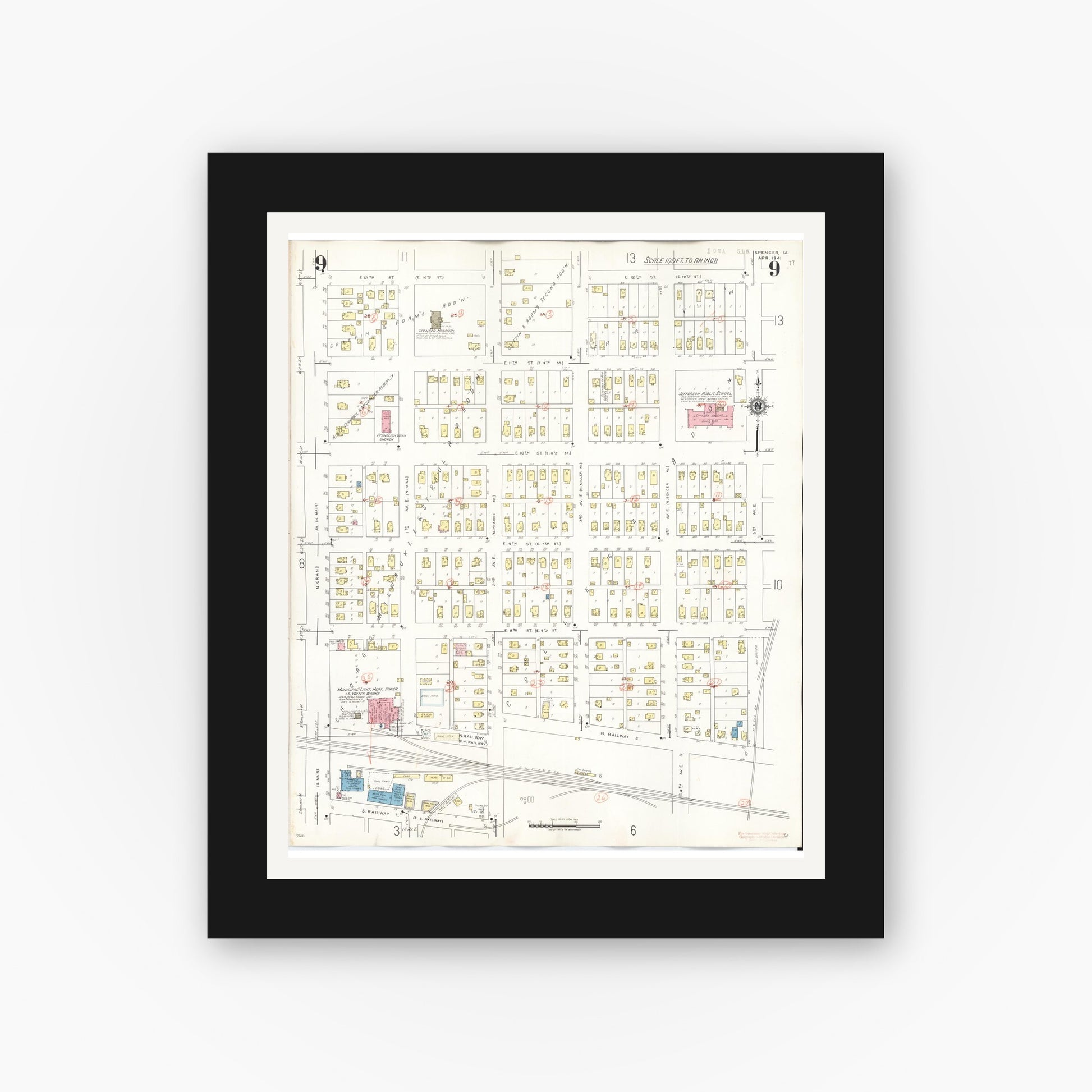 Old map wall art mockup — black gallery frame with white mat — Sanborn Fire Insurance Map from Spencer, Clay County, Iowa (1946), Sheet #0009