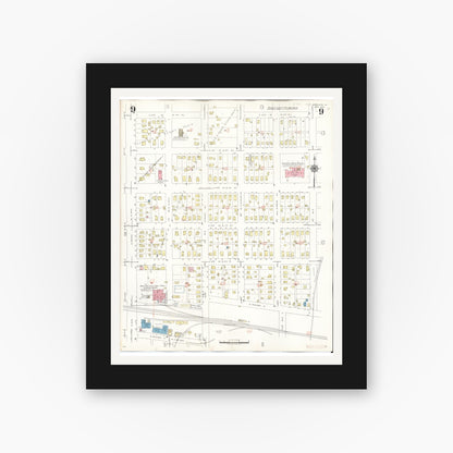 Old map wall art mockup — black gallery frame with white mat — Sanborn Fire Insurance Map from Spencer, Clay County, Iowa (1946), Sheet #0009