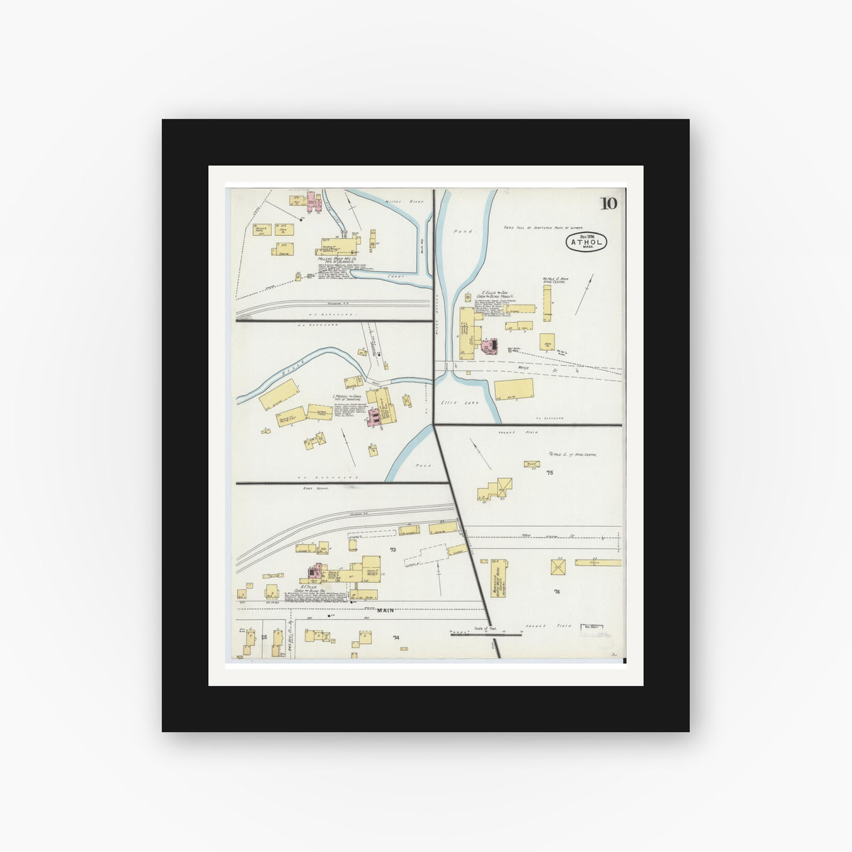 Old map wall art mockup — black gallery frame with white mat — Sanborn Fire Insurance Map from Athol, Worcester County, Massachusetts (1896), Sheet #0010