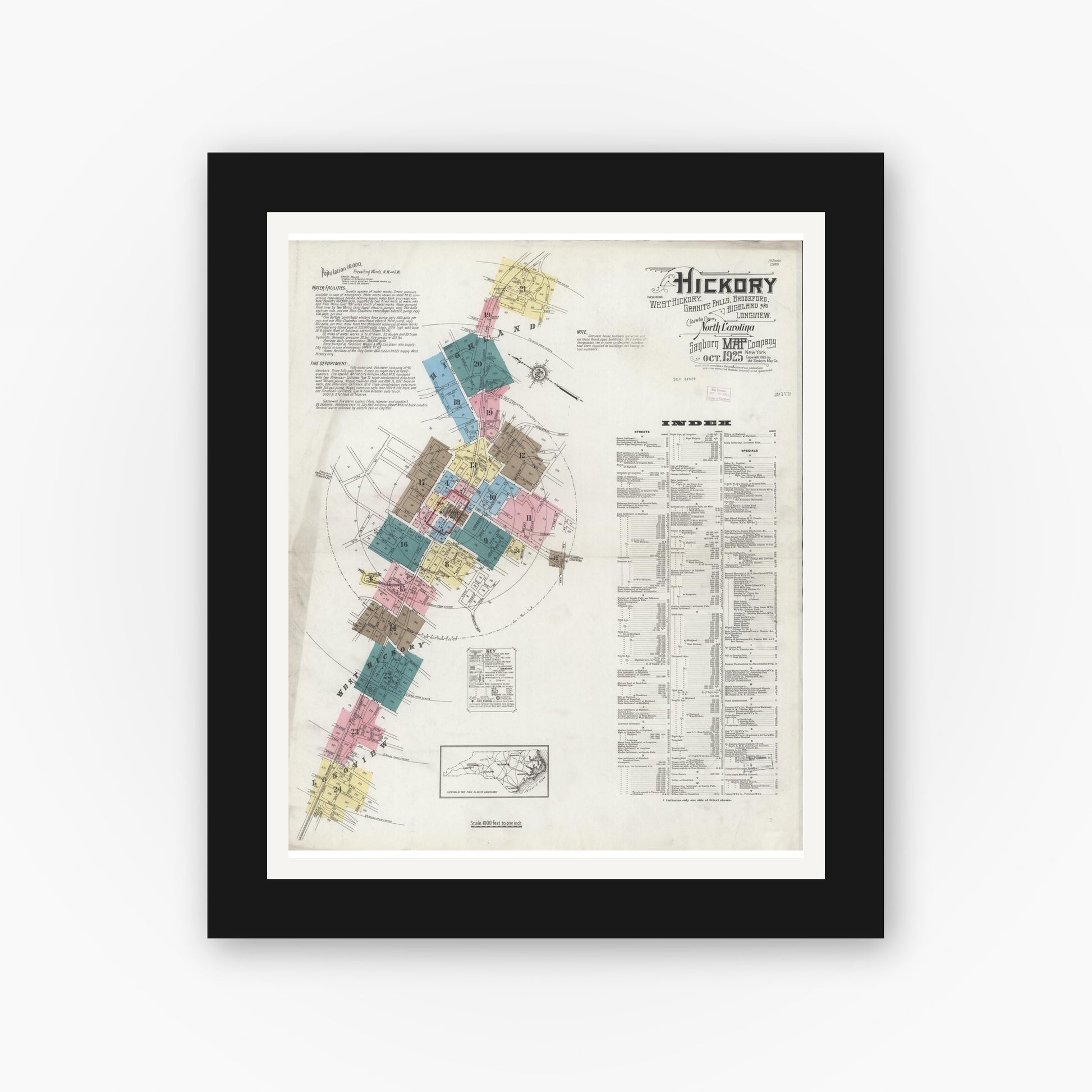 Old map wall art mockup — black gallery frame with white mat — Sanborn Fire Insurance Map from Hickory, Catawba County, North Carolina (1925) - Complete Map Set
