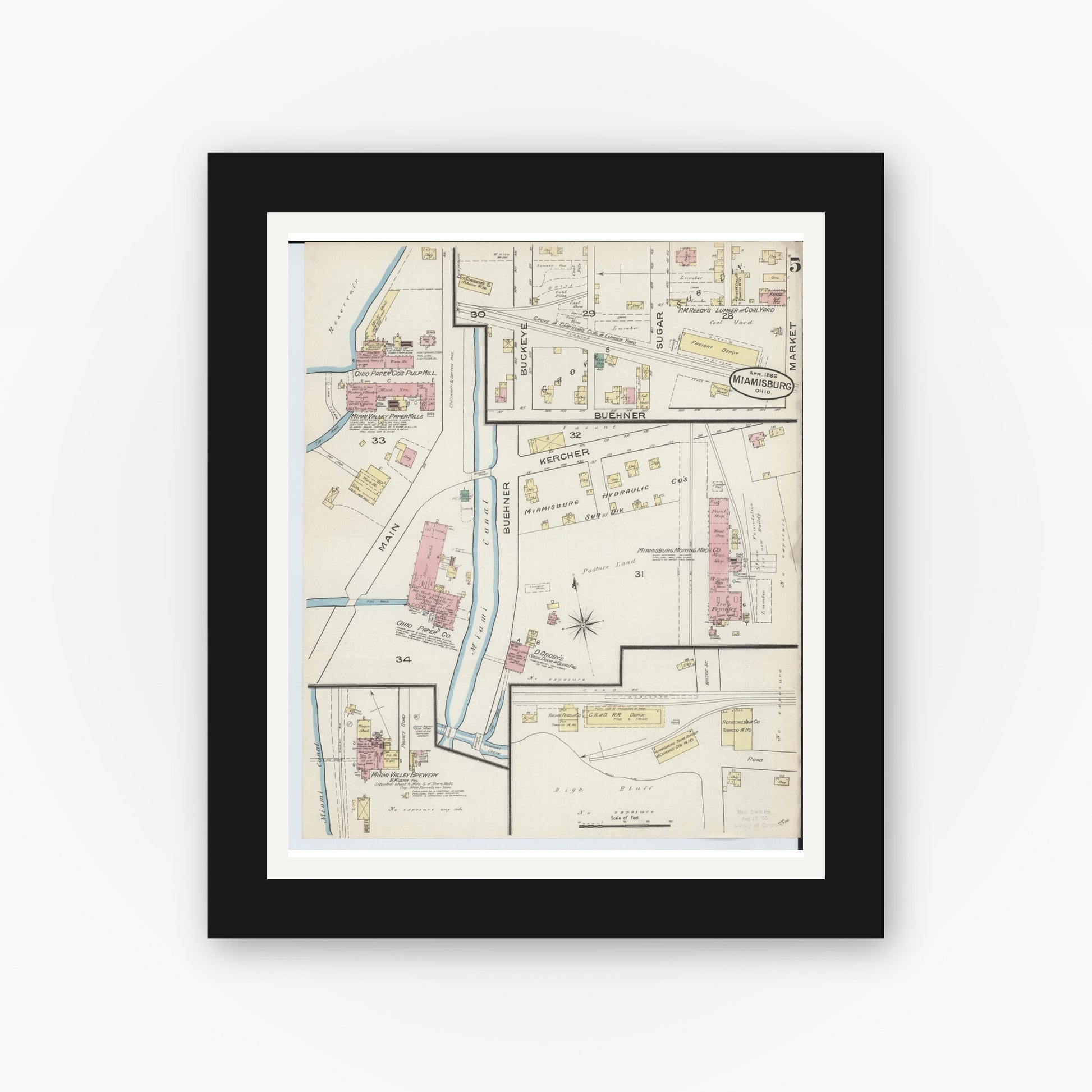 Old map wall art mockup — black gallery frame with white mat — Sanborn Fire Insurance Map from Miamisburg, Montgomery County, Ohio (1886), Sheet #0005