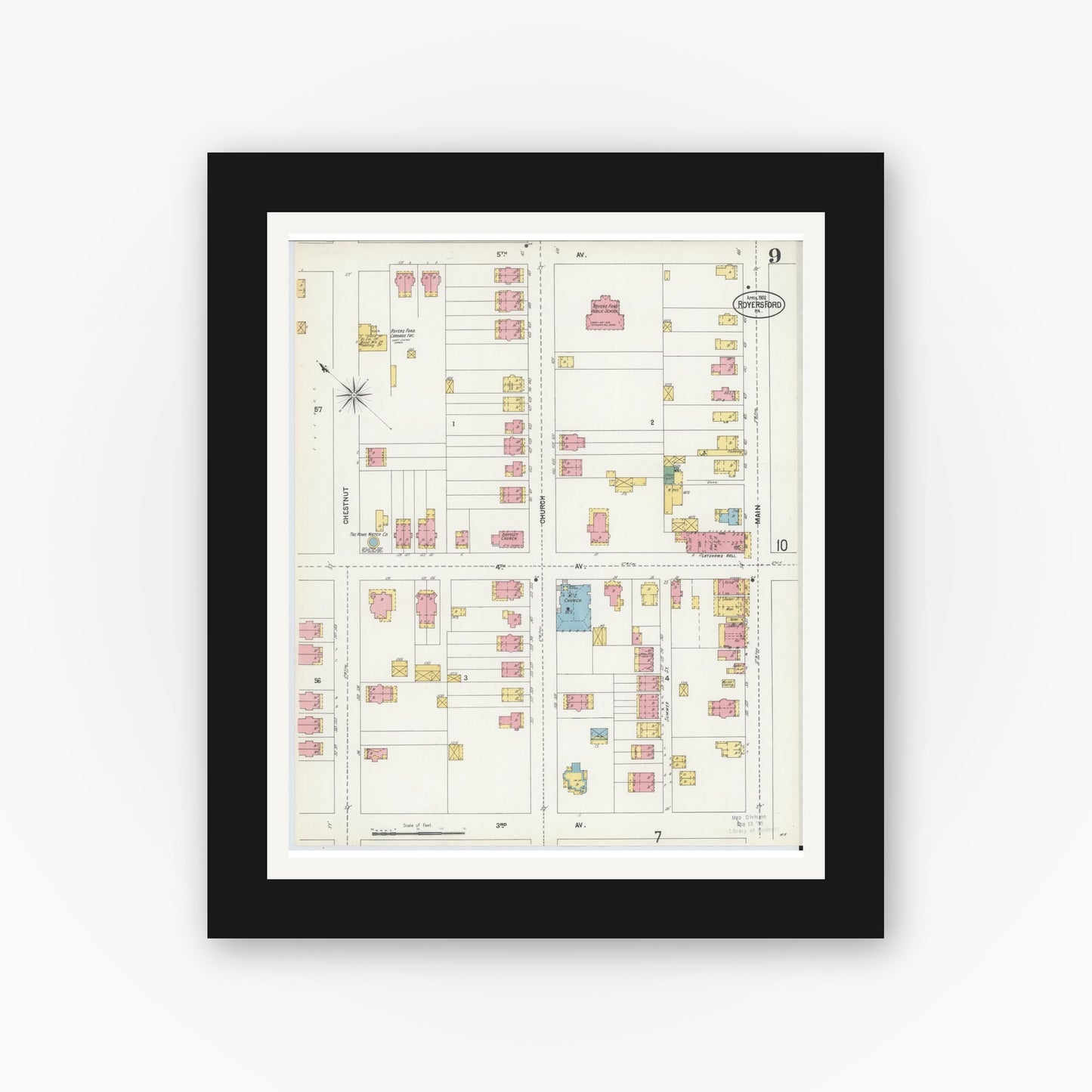 Old map wall art mockup — black gallery frame with white mat — Sanborn Fire Insurance Map from Royersford, Montgomery County, Pennsylvania (1902), Sheet #0009