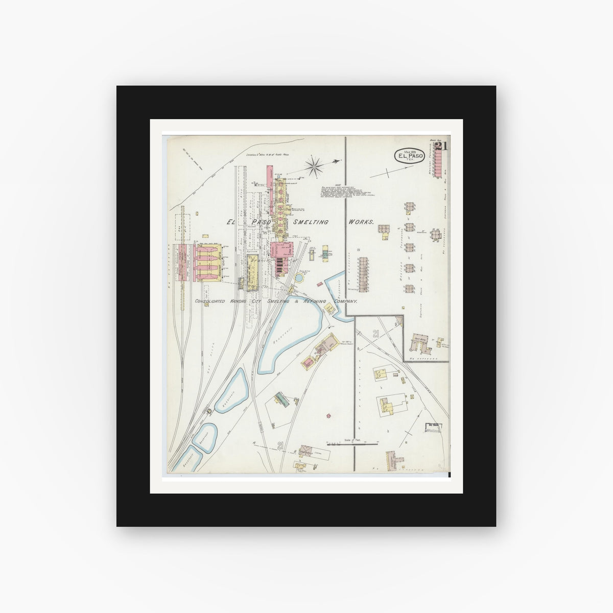 Old map wall art mockup — black gallery frame with white mat — Sanborn Fire Insurance Map from El Paso, El Paso County, Texas (1893), Sheet #0021